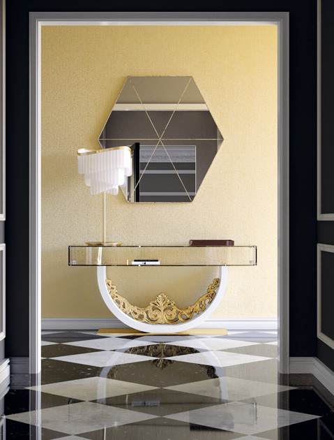 Image description: Entrance hall with console table in transparent glass and mirror to make the space look bigger.