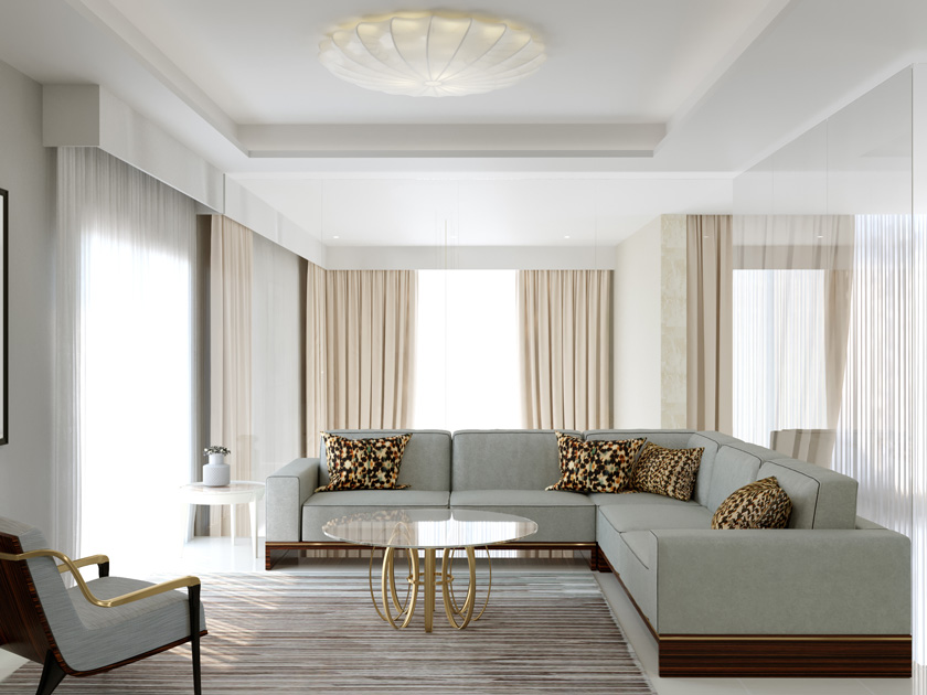 Image description: Living room in neutral hues, with L shaped sofa to make the space look bigger.