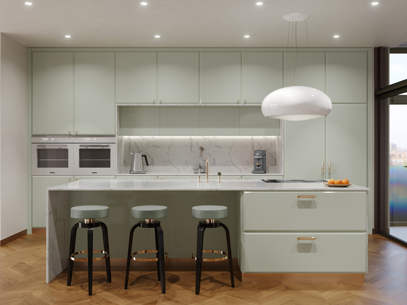 Image description: Kitchen Island project with carrara ceramic worktop extending to the floor.