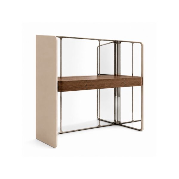 Hive dressing table by Jetclass featuring a curvy wooden structure with a mirror-lined body and three drawers, designed as a customizable contemporary vanity piece.