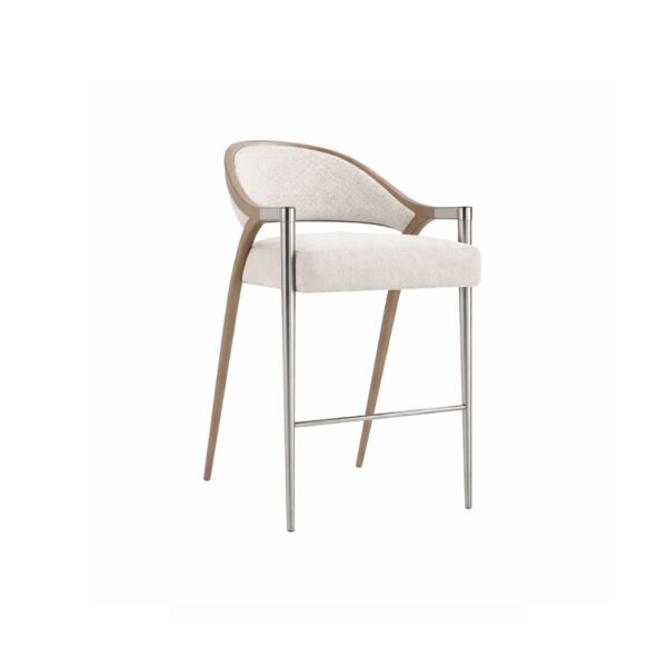 Banco de bar Pierre II da Jetclass, encosto estofado, pés em madeira lacada ou inox, design de luxo contemporâneo.