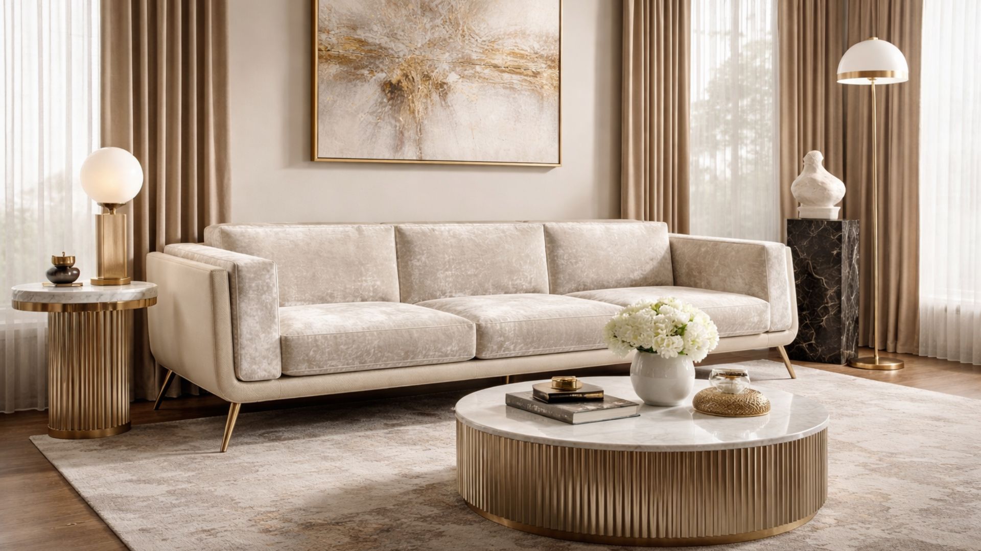 Sofá Bogart da Jetclass numa sala de estar moderna com suaves tons neutros, refletindo conforto contemporâneo e minimalismo aconchegante.