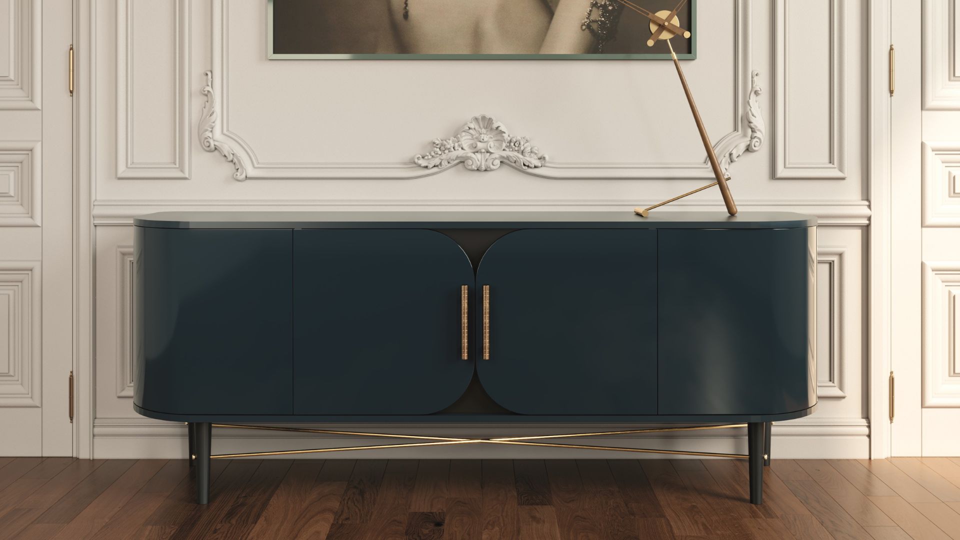 Aparador Azure da Jetclass num ambiente contemporâneo de luxo com linhas elegantes e materiais refinados refletindo o trabalho artesanal e as tendências de design atuais.