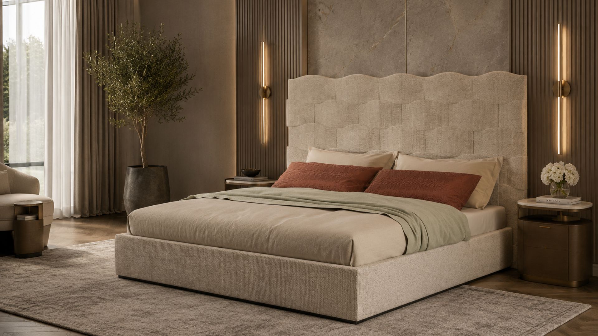Malibu bed in a quiet luxury interior design bedroom with soft neutral colors and elegant finishes