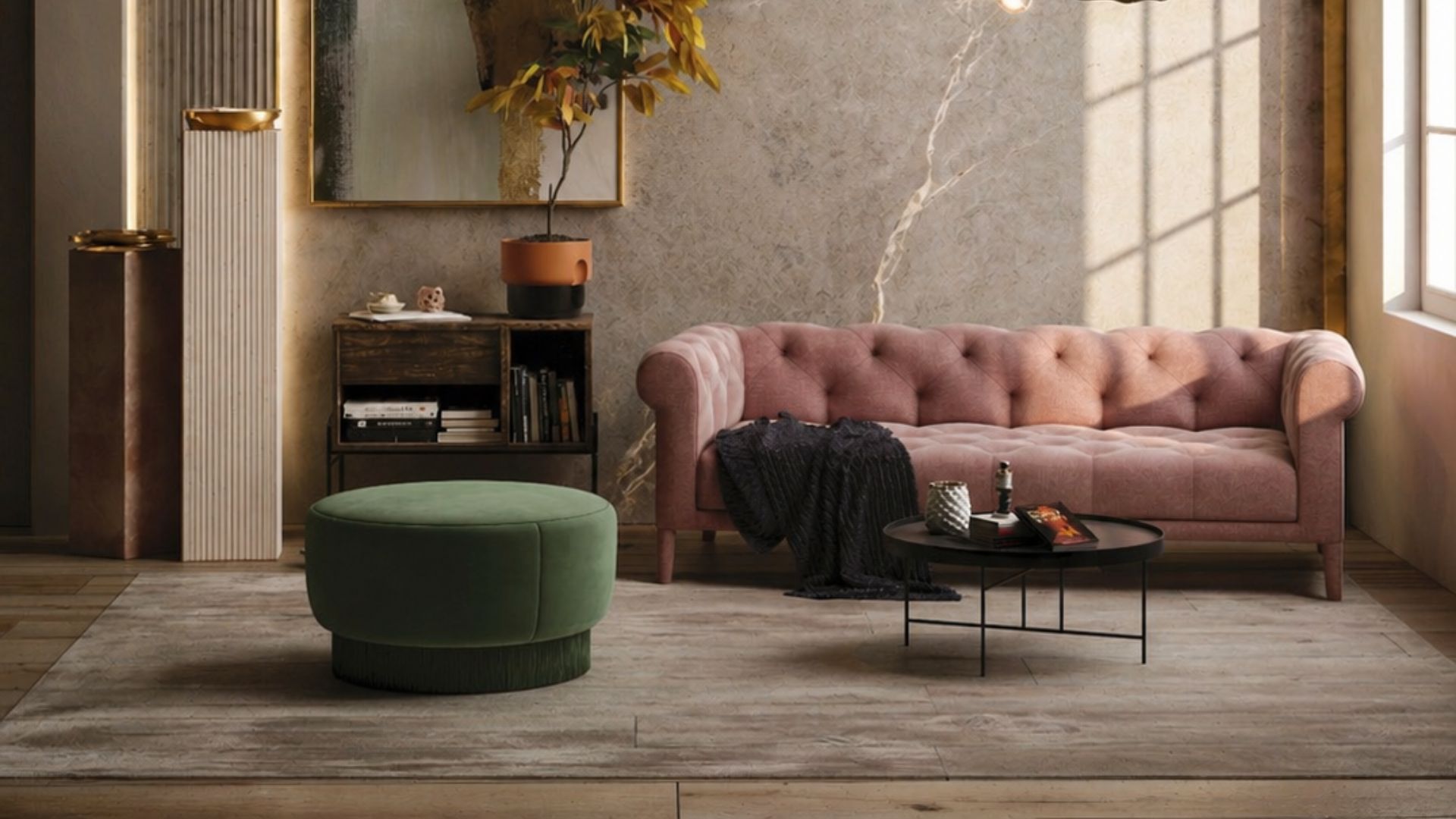 Opera sofa in an elegant quiet luxury interior design living room with warm ambient lighting