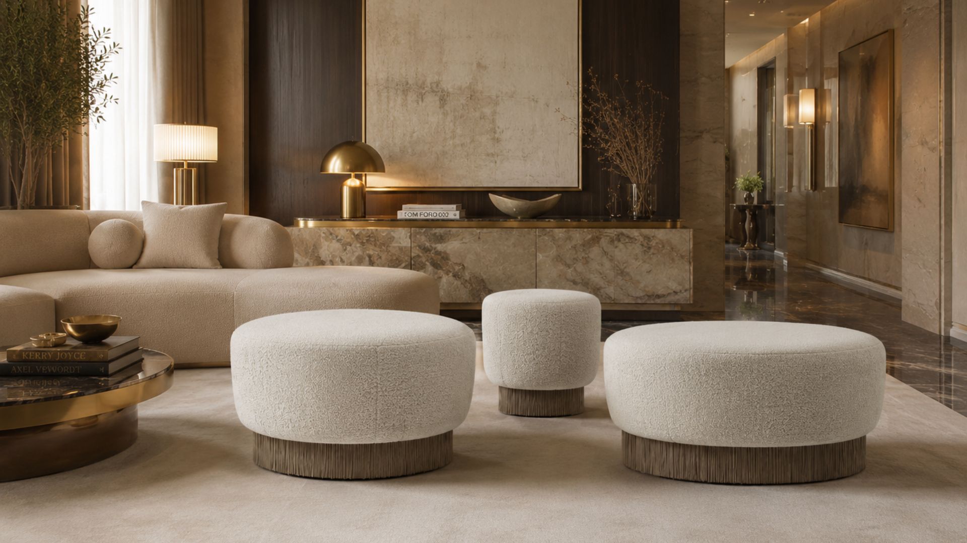 Windy poufs in a quiet luxury interior design lounge featuring soft textures and natural tones